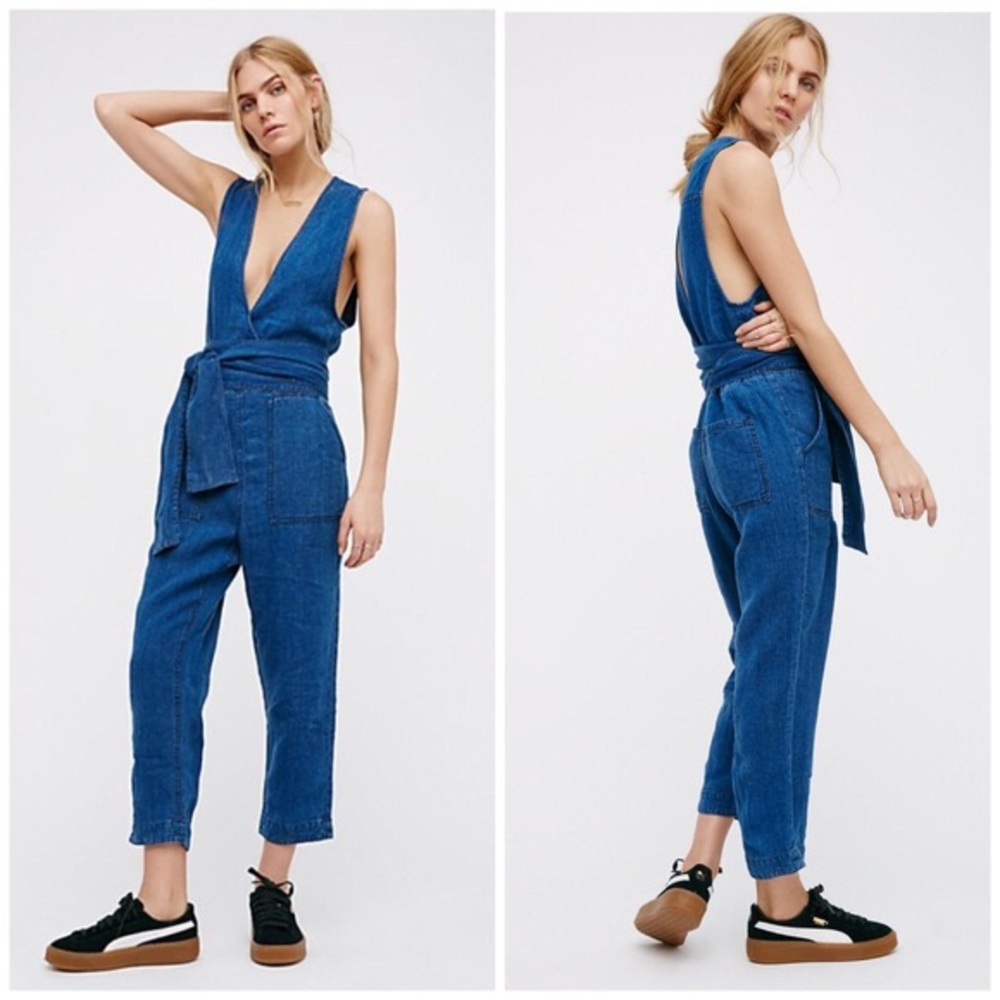 Free People Denim Morning Star Linen Jumpsuit